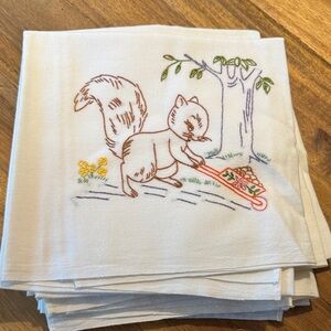 Embroidered Flour Sack Hand Towels Set 8 Squirrel Woodland Cottagecore Whimsical